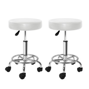 Artiss 2 White Salon Stools - Round Swivel Chair with PU Leather, Chrome Base, 360° Rotation & Adjustable Height