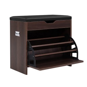 Artiss 3-Tier Shoe Rack Cabinet Bench, Walnut Finish, Holds 15 Pairs, PU Leather Seat, 57x30x53cm, Easy Assembly