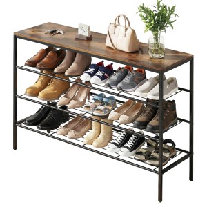 Artiss Bob 4-Tier Shoe Rack, Walnut & Black, Industrial Style, Metal Frame, 100x30x75cm, Holds 15 Pairs, Easy Assembly