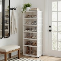 Artiss 6-Tier Foldable Shoe Storage Box White, Holds 12 Pairs, PP Plastic Organiser with Magnetic Doors & Wheels