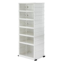 Artiss 6-Tier Foldable Shoe Storage Box White, Holds 12 Pairs, PP Plastic Organiser with Magnetic Doors &amp; Wheels