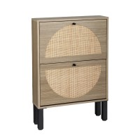 Artiss Lunar Shoe Rack Cabinet - 2 Drawers, Real Rattan, 6 Pairs Storage, 60x17x90cm, Pine & Black, Wall-Mount