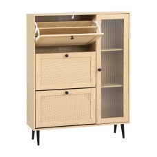 Artiss Shoe Rack Cabinet Pine 3 Flip-out Drawers, 3 Shelves, Fluted Glass & Faux Rattan Door, 99x24x125cm, Metal Legs Artiss Shoe Rack Cabinet Pine 3 Flip-out Drawers, 3 Shelves, Fluted Glass & Faux Rattan Door, 99x24x125cm, Metal Legs