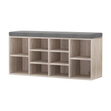 Artiss 2-in-1 Pine Shoe Rack Cabinet with Fabric Seat, 10 Compartments, 120kg Capacity, 102x30x48cm, Easy Assembly