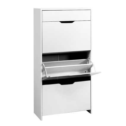 Artiss Shoe Rack Cabinet 24 Pairs White Luna, High Gloss Front, Adjustable Shelves, 3 Compartments, Top Drawer, 126cm