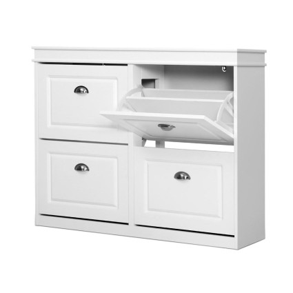 Artiss 4-Tier Shoe Rack Cabinet, White E1 MDF, Adjustable Shelves for 16 Pairs, Elegant Retro Handles, 105x24x82.5cm