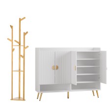 Artiss 2-Piece Entryway Set White 5-Tier Shoe Cabinet (120x36x96.5cm) + Pine Clothes Rack 165cm (9 Hooks)
