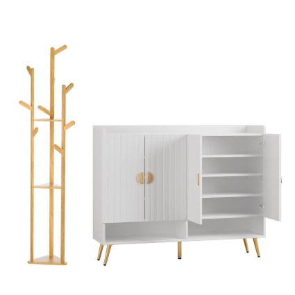 Artiss 2-Piece Entryway Set White 5-Tier Shoe Cabinet (120x36x96.5cm) + Pine Clothes Rack 165cm (9 Hooks)