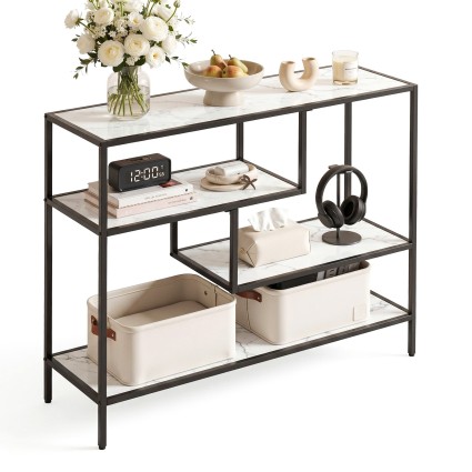 Artiss S-Shaped Console Table 4-Tier Marble Effect Slim Hallway Storage 90x30x80cm White Black Frame
