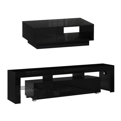 Artiss LED TV Unit and Coffee Table Set Black 189cm Entertainment Unit 95cm Coffee Table RGB LED Storage