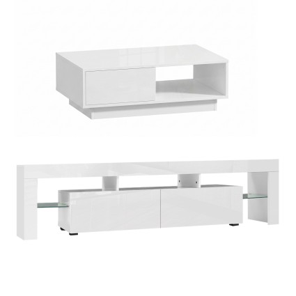 Artiss White LED TV Unit and Coffee Table Set 2-Piece RGB High Gloss 189cm Entertainment Unit 95cm Table
