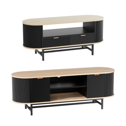 Artiss Black & Pine 2-Piece TV Entertainment Unit 140cm and Fluted Coffee Table 110cm Storage Drawers with Soft Close H