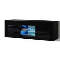 Artiss 130cm Black LED TV Cabinet Unit with RGB Lighting, Push-to-Open, High-Gloss Finish, Tempered Glass Shelves