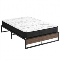 Giselle 16cm Hybrid Bonnell Double Mattress with Artiss Industrial Metal Bed Frame Set Black Dark Wood