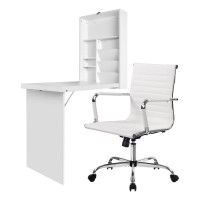 Artiss Foldable Computer Desk and PU Leather Office Chair Set, Wall Mounted, White, Adjustable Height, Space Saving