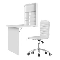 Artiss Computer Desk and Office Chair Set, Foldable Wall Mount Table, PU Leather, White, Space Saving, Adjustable