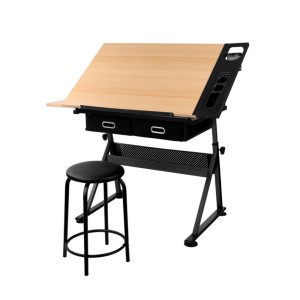 Artiss Natural & Black Drawing Desk Set - Adjustable Tilt Drafting Table with Stool, MDF Top, Steel Frame, Storage