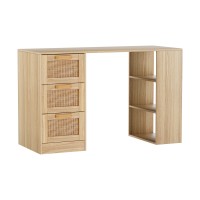 Artiss 120CM Rattan Computer Desk - Home Office Study Table with Drawers & Shelves, Light Oak Finish, Easy Assembly