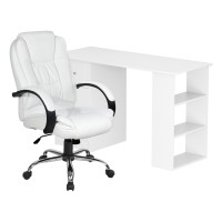 Artiss 120cm Computer Desk and Executive Office Chair Set, White, PU Leather, High Back, Storage Drawers, Shelves