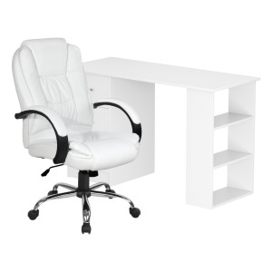 Artiss 120cm Computer Desk and Executive Office Chair Set, White, PU Leather, High Back, Storage Drawers, Shelves