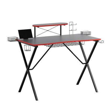 Artiss Gaming Desk, MDF Board, 130x63x90.5cm, Black - Durable Two-Tier Design with Storage, Cup Holder & More