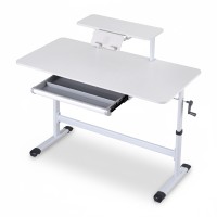 Artiss Manual Height Adjustable Standing Desk, 120CM White, MDF Board, Built-in Drawer, Hand Crank, Home Office Use