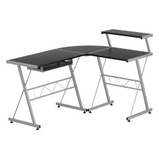 Artiss Elle L-Shape Computer Desk Black 134x110cm with Keyboard Tray, Shelf, Particle Board, Steel Frame, Corner Design
