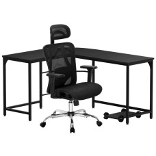 Artiss L-Shape Computer Desk and Ergonomic Mesh Office Chair Set, 147cm, Steel Frame, Adjustable, Black