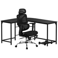 Artiss L-Shaped Computer Desk 147cm with Ergonomic Mesh Office Chair, Adjustable, Sturdy Steel Frame, Black