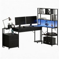 Artiss 200cm L Shaped Gaming Desk with RGB LED Strip Built in USB Type C Power Station Black 200cm Workspace