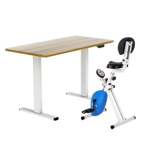 Artiss Under Desk Folding X-Bike & 140cm Automatic Standing Desk, Magnetic Resistance, Oak Finish, Height Adjustable