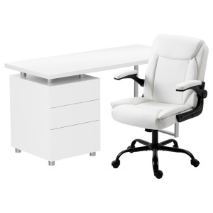 Artiss Computer Desk and Executive Office Chair Set White, 140cm, PU Leather, 3 Drawers, Height Adjustable, Study Home