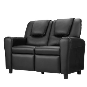 Keezi Kids Recliner Chair - Black PU Leather Sofa with Cup Holder, Adjustable Footrest, Solid Pinewood Frame, 95cm