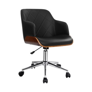 Artiss Portia Wooden Office Chair, PU Leather, Chrome Base, Black, Adjustable, 360° Rotation, 3-Year Warranty