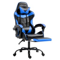 Artiss Gaming Office Chair Recliner with Footrest, Blue PVC Leather, 65x65x116-126cm - Ergonomic High-Back Comfort