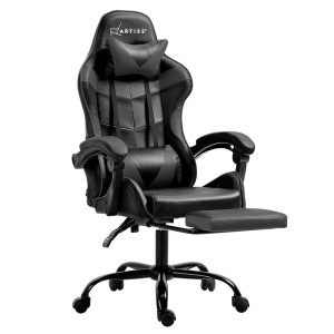 Artiss Comfy Gaming Office Chair - Grey PVC Leather, High-Back, Adjustable Height, Recliner with Footrest, 360° Swivel