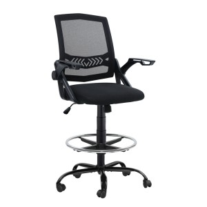 Artiss Black Mesh Drafting Stool - Ergonomic Office Chair with Adjustable Footrest, Flip-Up Armrests, 360° Rotation