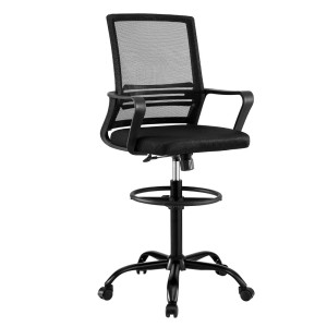 Artiss Ergonomic Mesh Drafting Chair - Adjustable Height, Lumbar Support, Chrome Base, Swivel, Black, 150kg Capacity