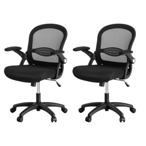 Artiss 2x Mesh Office Chair Set, Mid Back, Flip-Up Armrests, Adjustable Height, Lumbar Support, Black, 120kg