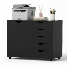 Artiss Mobile Filing Cabinet 5 Drawer with Door Black Mobile Storage Cabinet Printer Stand 110kg Capacity