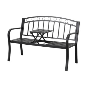Gardeon Multi-functional Steel Garden Bench Loveseat with Foldable Table, Weather-Resistant, Black, 126cm