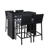Gardeon 5-Piece Outdoor Bar Set - Wicker Table & Stools, Cushioned, Space-Saving, Weather-Resistant, Black Frame