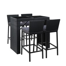 Gardeon 5-Piece Outdoor Bar Set - Wicker Table & Stools, Cushioned, Space-Saving, Weather-Resistant, Black Frame