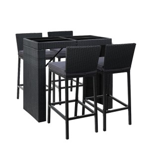 Gardeon 5-Piece Outdoor Bar Set - Wicker Table & Stools, Cushioned, Space-Saving, Weather-Resistant, Black Frame