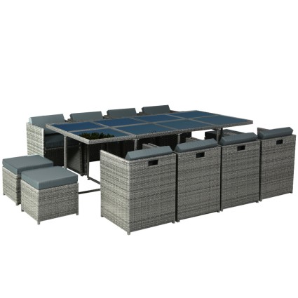 Gardeon 13-Piece Outdoor Dining Set, Wicker Table & Chairs, Seats 12, Grey, UV-Resistant PE Wicker, Tempered Glass Top