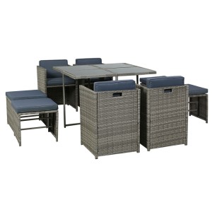 Gardeon 9-Piece Grey Wicker Outdoor Dining Set with Cushions & Storage Cover - Seats 8, Space-Saving Design