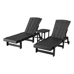 Gardeon 3-Piece Black HDPE Sun Lounge Set: Adjustable Reclining Loungers & Table with Wheels for Outdoor Relaxation