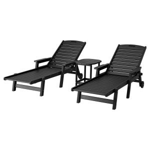 Gardeon HDPE Sun Lounge Set: 4-Position Adjustable Chaise Loungers & Table with Wheels, Weather-Resistant, Black