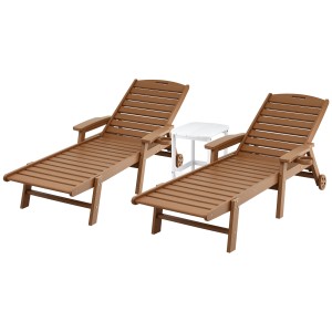 Gardeon 3‑Piece Sun Lounge Set HDPE Wood Grain 4‑Position Adjustable Chaise with Wheels and Table 202cm