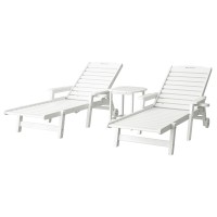 Gardeon 3-Piece Sun Lounge Set: White HDPE Outdoor Chaise Lounges & Table with Wheels, 4-Position Recline, Weatherproof